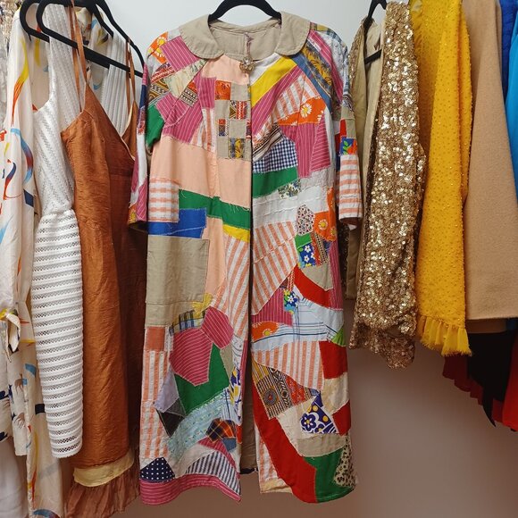 Whimsical Vintage 70s Patchwork Long Jacket XL - Picture 2 of 16